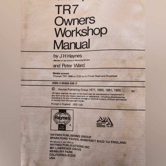 Triumph TR7 Models 1975 thru 1981 Owners Workshop Manual - Picture 7 of 14